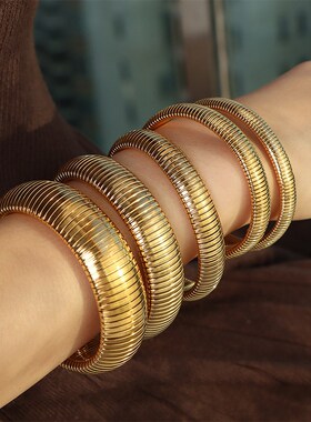 时尚欧美中古风时尚钛钢宽面手镯个性潮流拼色R手环弹力蛇骨新款