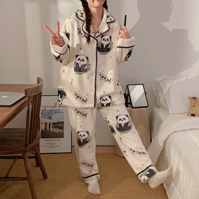 睡衣女款秋冬季珊瑚加绒加t厚法兰绒新款冬天保暖熊猫可外穿家居
