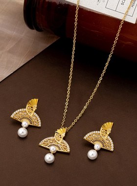 新款国潮新中式古风雪花秘折扇项链镶珍珠百搭锁骨U链汉服旗袍配