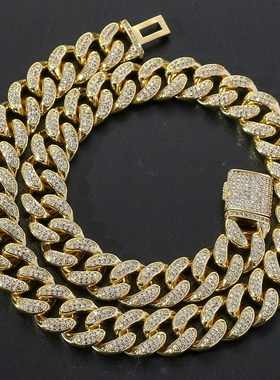 亚马逊跨境欧美项链男n嘻哈15mm古巴链嘻哈饰品翻盖扣男士嘻哈配