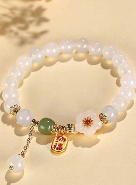 新中式桃a花粉水晶串珠手链女民族风招财纳福红玛瑙手串手饰批发