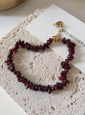 酒红玫瑰碎石项i链小众不规则颈链配饰女安可拉红复古不掉色毛衣