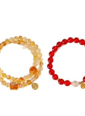 925银福e牌天然黄塔水晶双圈手链女时尚通勤天然玛瑙白阿赛手串