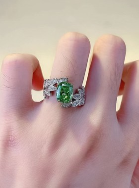 珠宝 2023新q款绿钻戒指925银树叶小清新镶嵌高碳钻小众设计