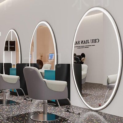 高端网红理发店椭圆镜子发廊专用单面双面美发落地镜带灯全身镜