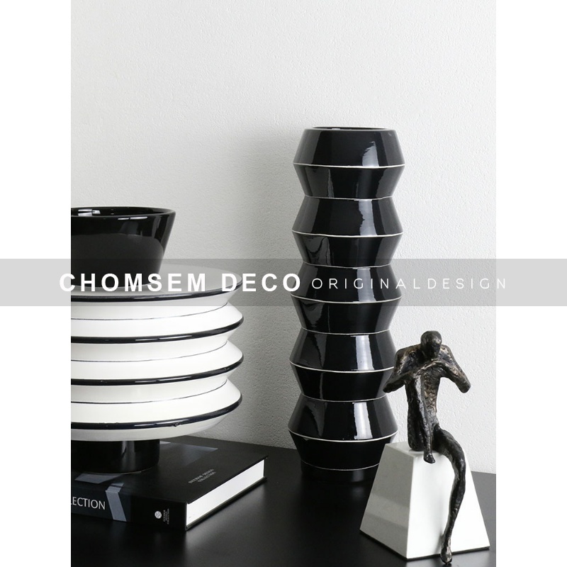 哥特式风格创意黑白条纹陶瓷花瓶C样板房间售楼处家居软装插花摆