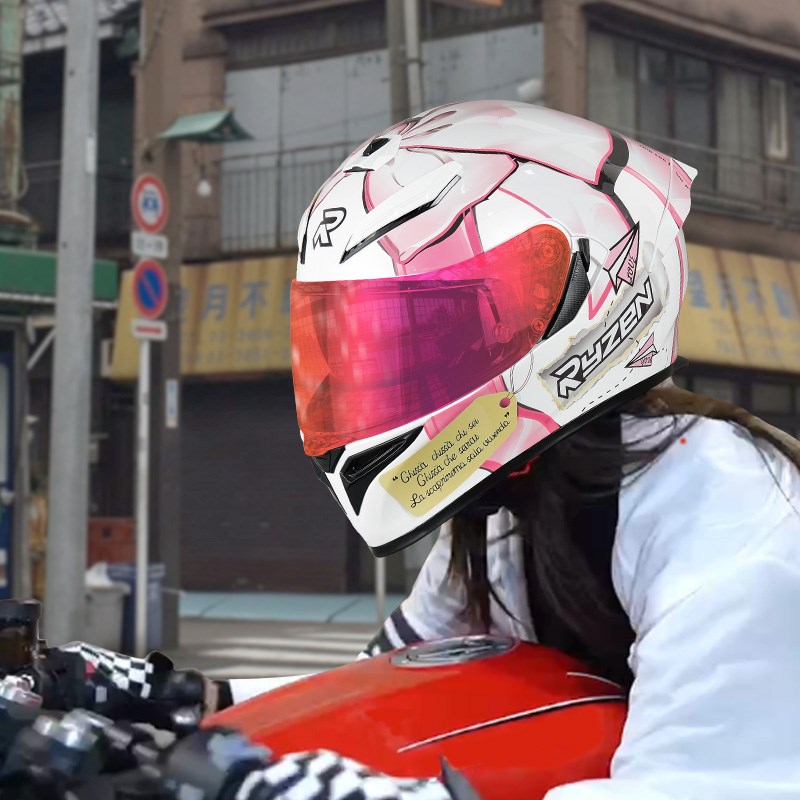 RSV摩托车e头盔全盔男女3c双镜片防雾骑行机车赛防摔四季通用樱花