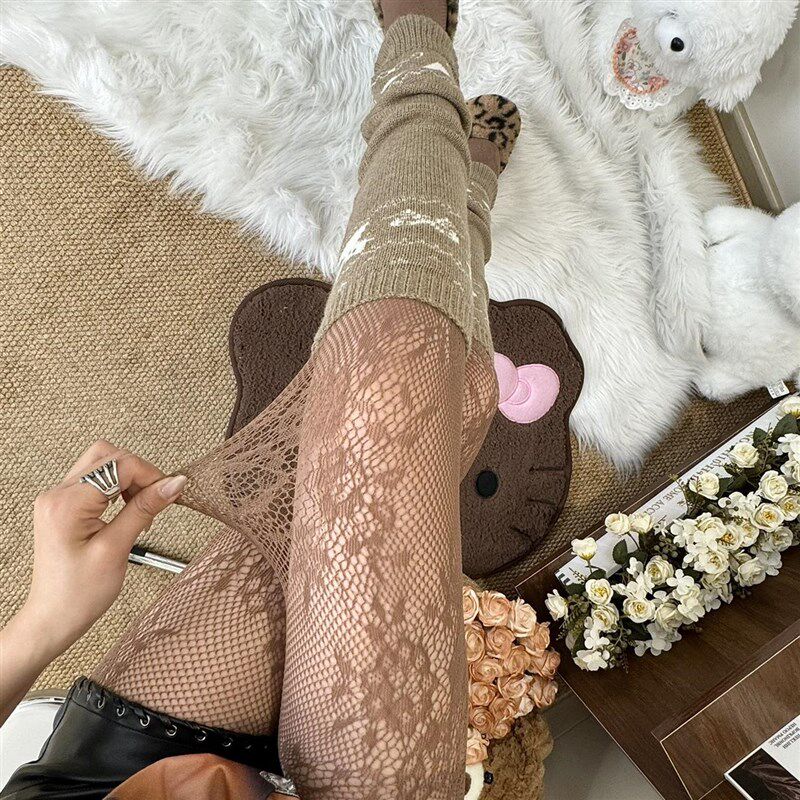 BON 繁花似锦复古优雅蕾丝网袜咖棕辣妹y2k创意性感网袜打底丝袜