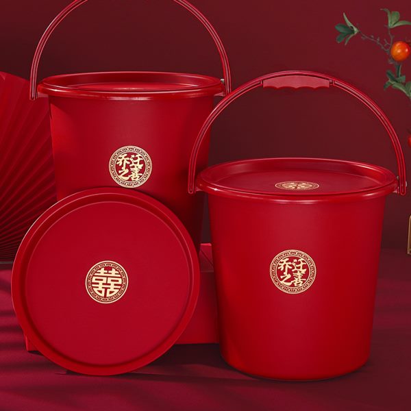 红桶子乔迁之喜塑料水桶家用手提带盖米桶结婚陪嫁子孙桶搬家用品