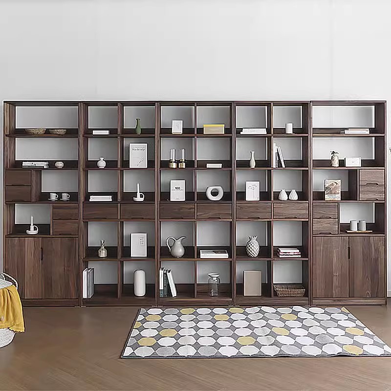 北欧黑胡桃木单元格书架日式纯实木落地整墙书柜橱组合简约置物架