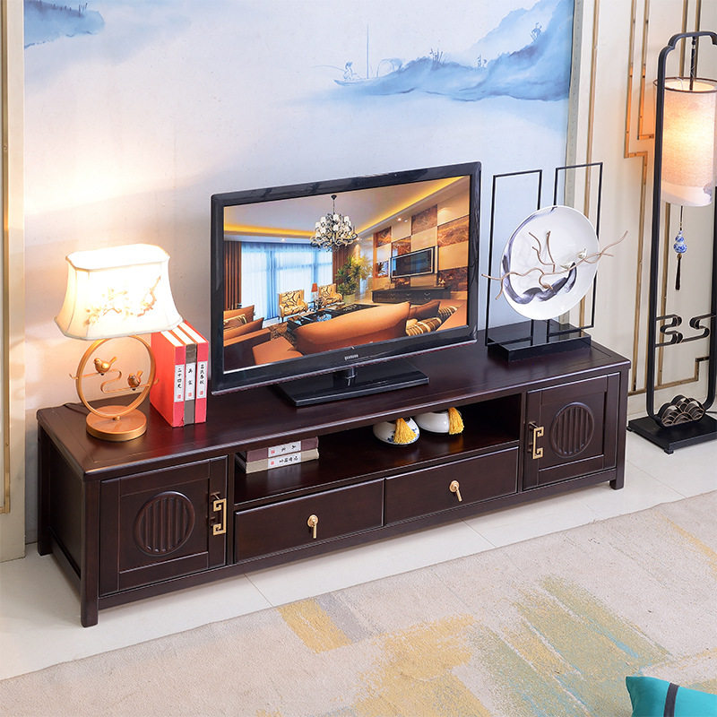 新中式全实木电视柜茶几组合简约家用小户型黑胡桃客厅背景柜家具