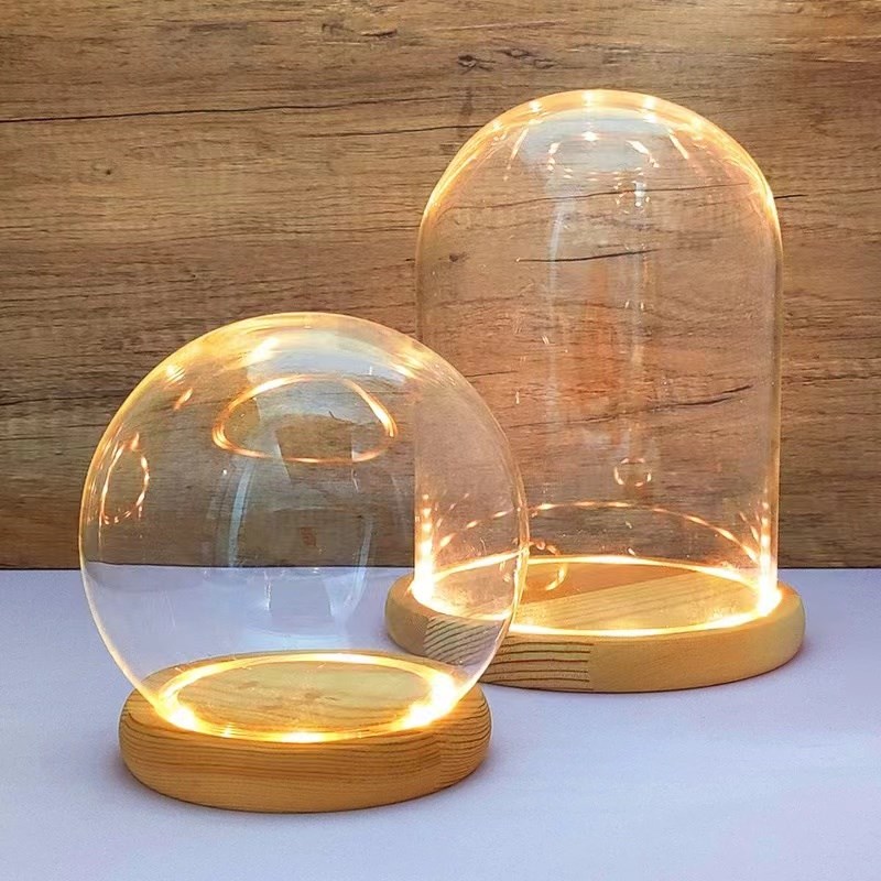 水晶球玻璃罩永生干花玻璃罩带灯圆形展示盒玻璃R防尘罩盲盒透明