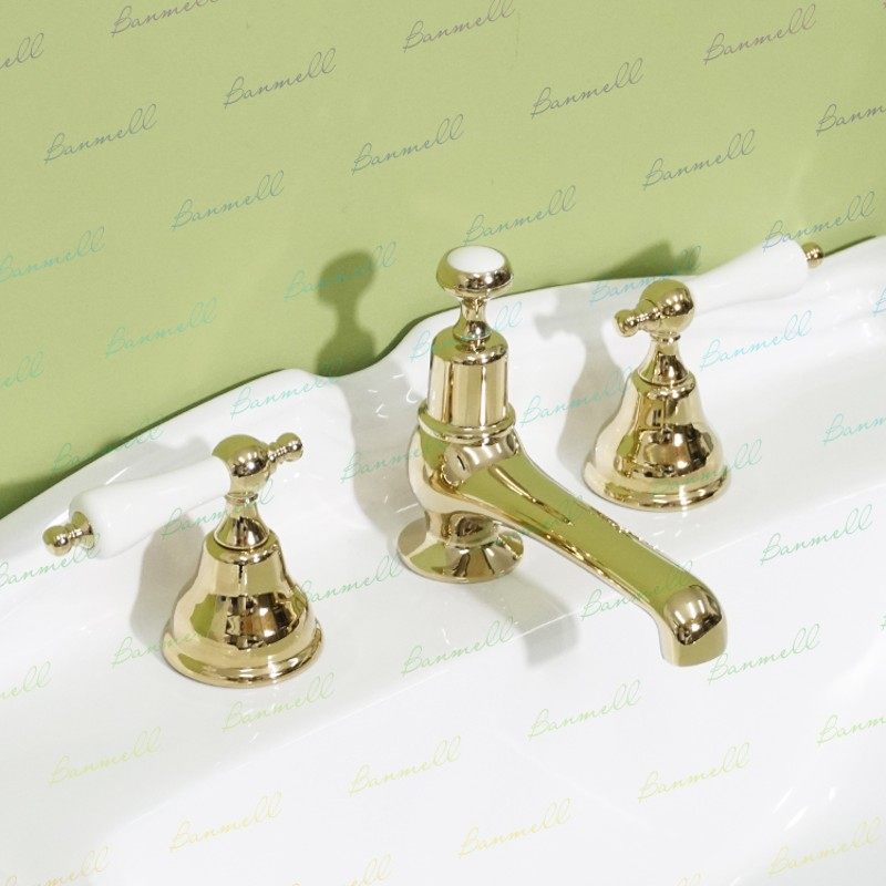 过WS 出口英国原单 NP嘴 陶瓷双开关把手 三孔金色复古面盆水龙头