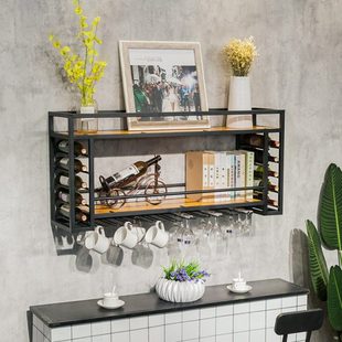 北欧铁艺实木家用壁挂酒架酒柜创意悬挂吧台展示架红酒杯架置物架