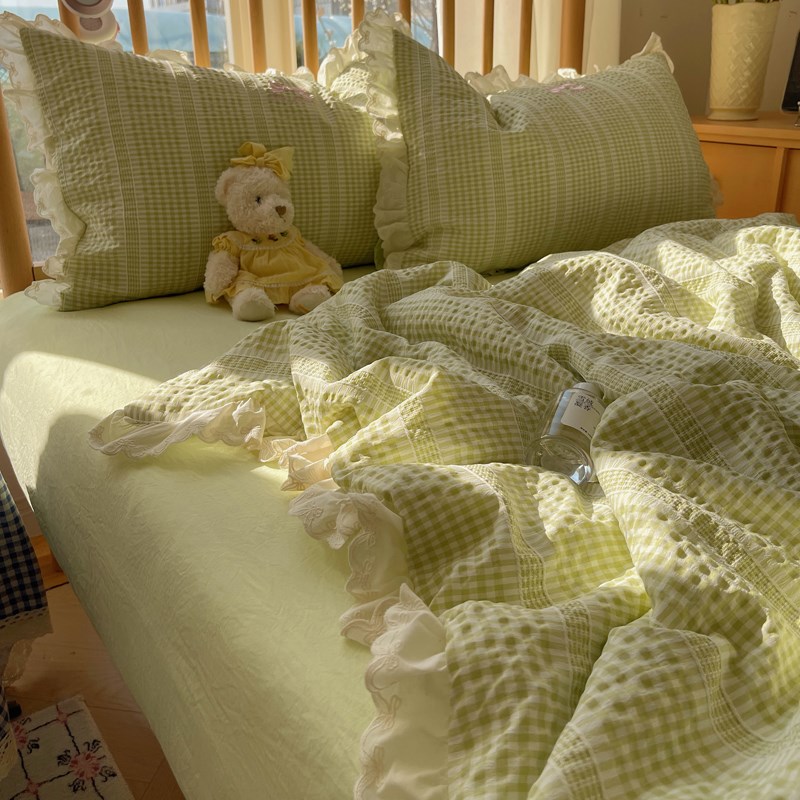 果绿色仙女花边夏被四件套简约夏B季空调被夏天薄被子可水洗夏凉