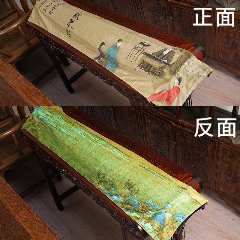 古琴盖布桌旗防尘罩防尘布双层加厚两面双用印花遮布复古禅意