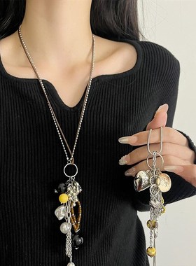 多元素爱心链条珍珠流苏项链女复古轻奢毛衣链秋冬小众长款卫衣链