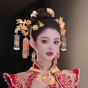 新娘头饰高级感中式秀禾服龙凤褂金色流苏发簪古典造型结婚发饰品