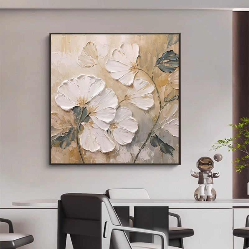 花卉高级感大芬村手绘油画银杏叶餐厅装饰画方形立体肌理玄关挂画图片