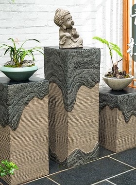 仿古中式客厅玄关落地装饰摆件仿石柱子花盆架盆景架子茶室布置