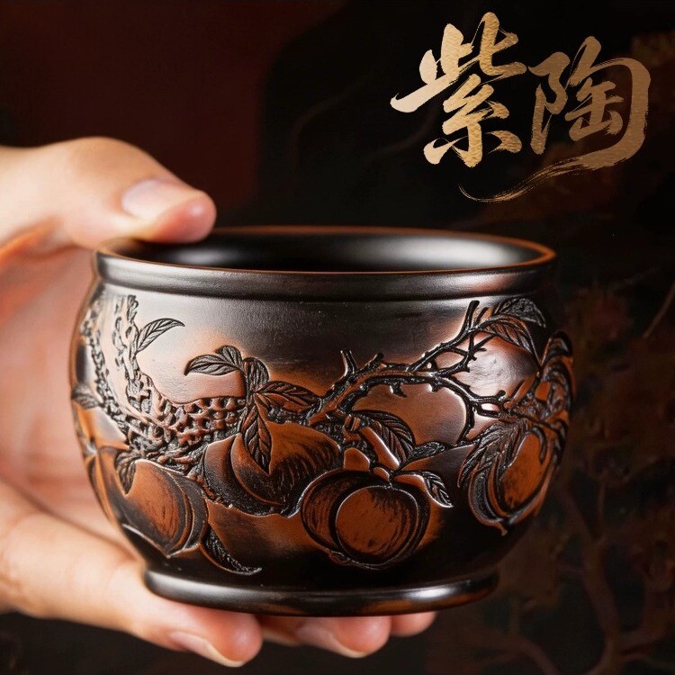 德化紫陶手工雕刻茶杯主人杯