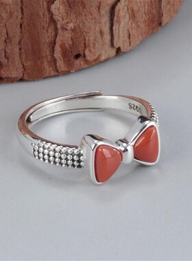 【蝴蝶结】仿南红玛瑙戒指女时尚简约韩版小众设计开X口食指指环