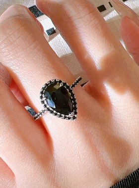 珠宝 欧美k新款925银7*11梨形水滴黑锆石戒指复古简约戒指