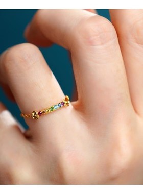 【彩虹】镀S92j5银镶嵌彩色石指间彩虹指链戒指饰品戒指气质女