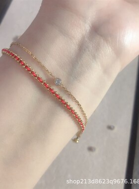 钛钢镀18K金国风m幸运红绳彩绳双层手链时尚复古小众 简约叠戴百