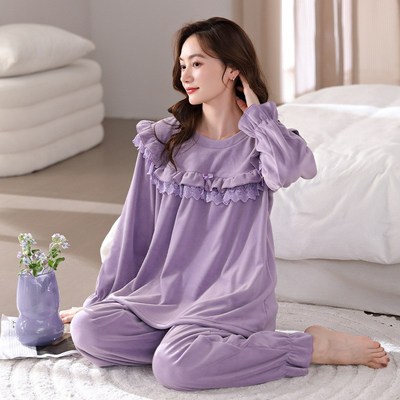 秋冬季睡衣女士珊瑚绒圆领套头女生加绒加厚法兰绒保暖Z家居服套