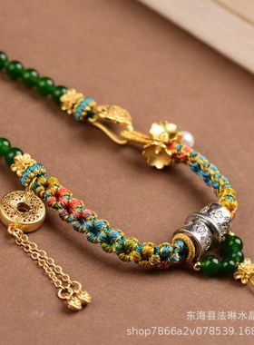 藏式小清新吊坠绳手工编织桃花结脖挂项链珍O珠手绘唐卡扎基拉姆
