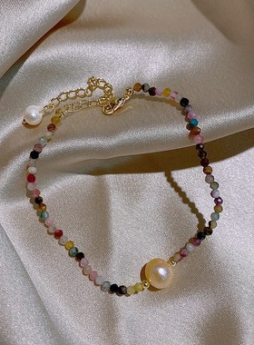 彩色碧玺b碎石手链巴洛克珍珠手串女闺蜜手饰ins韩版时尚简约手环