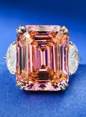 珠宝直播款长方15克拉女戒款戒圈落日I橙粉色阿斯切戒指s925银