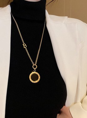 轻奢小众设计感设k计项链欧美时尚钛钢长款罗马数字圆牌女毛衣链