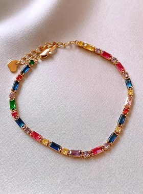 复古彩色多巴胺夏日水晶手链女轻奢小众精致手绳祖母绿.手表扣手