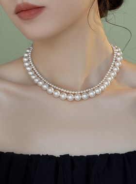 不锈钢元宝扣玻璃珍珠项链女轻奢E小众设计感简约锁骨链颈链女
