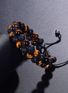 亚马逊热卖 天然虎眼石熔岩火山石双排手链 双R层珠子缠绕编织手
