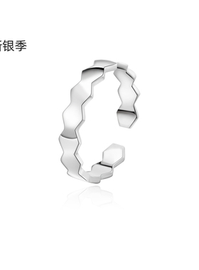 新银季925纯银波浪纹理素圈开口戒情侣尾戒指女时尚个性几何指环