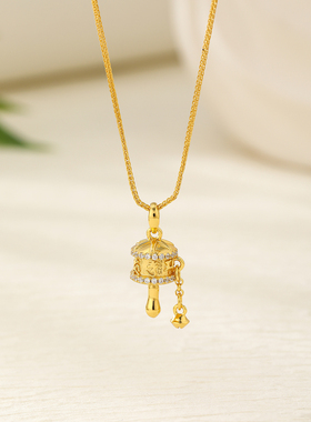 六字真言黄金吊坠女中国风拨浪鼓项链纯银轻奢毛衣链金包银转经轮