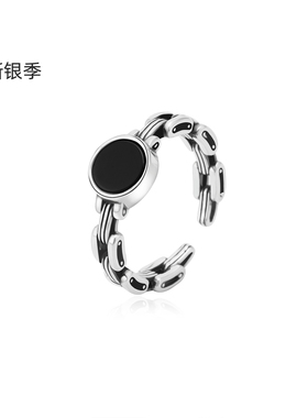新银季链条造型纯银开口戒指女简约精致黑石装饰个性时尚百搭通勤