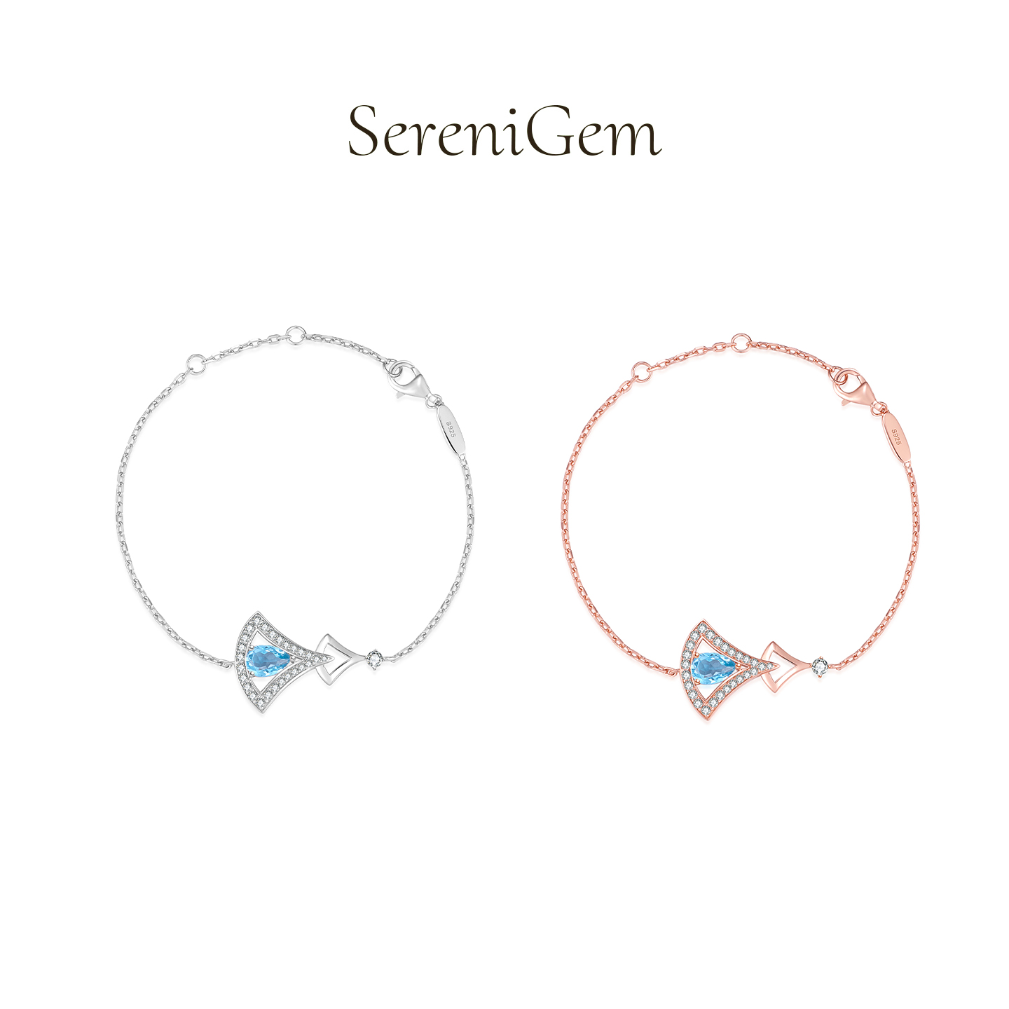 SereniGem谧彩境 天然蓝色托帕石扇形S925满钻银款玫瑰金款手链