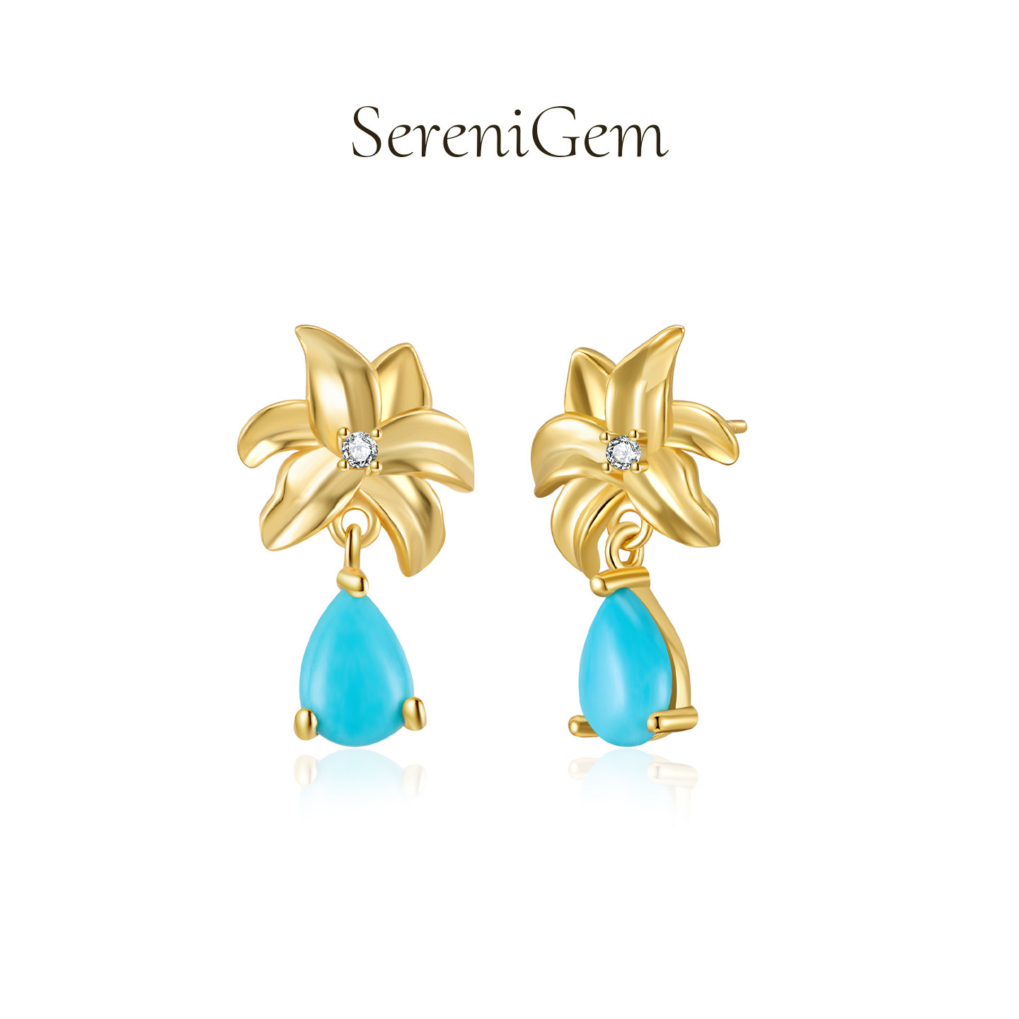 SereniGem谧彩境 S925银镀金镶嵌复古花朵水滴百合款绿松石耳钉