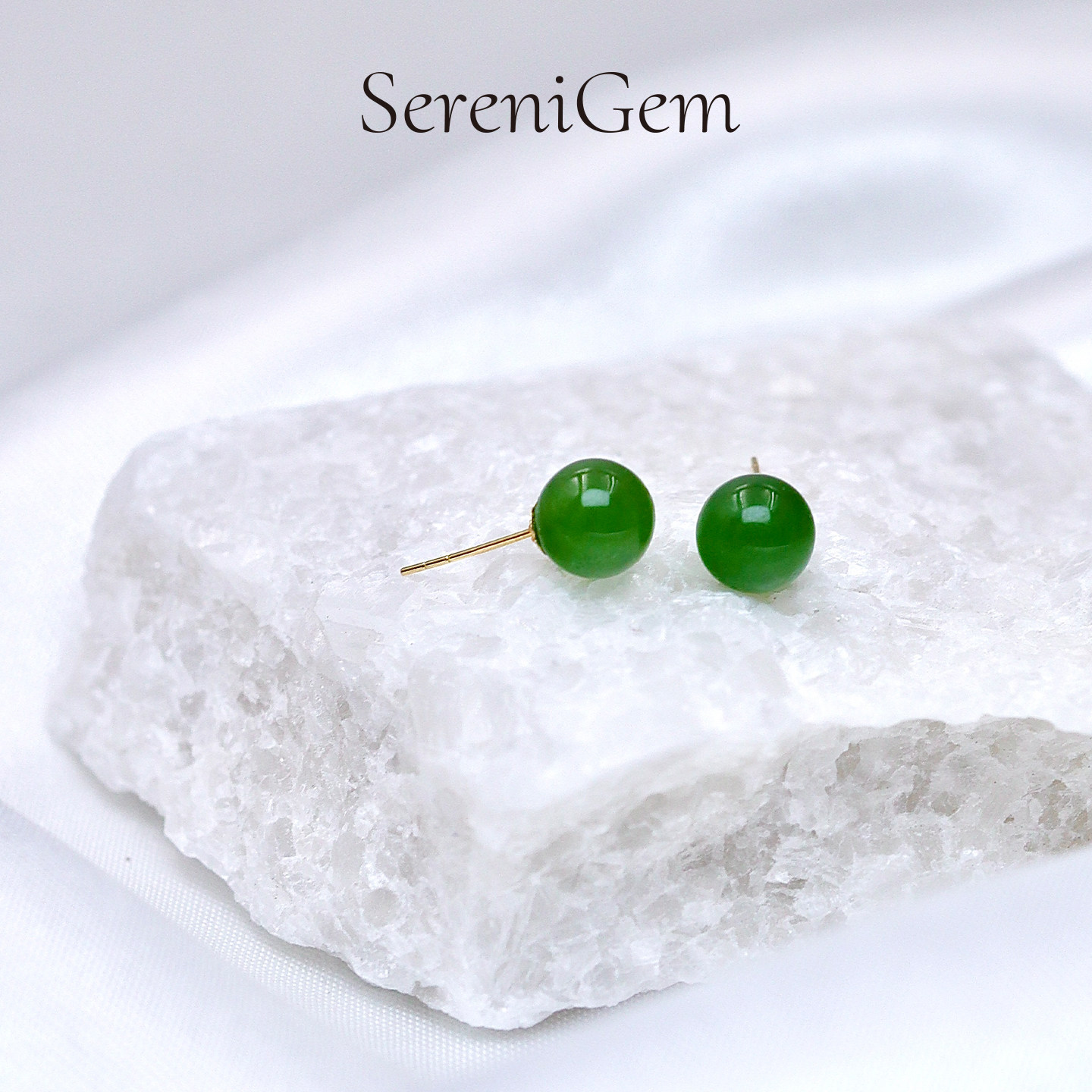 SereniGem谧彩境 天然18K金简约日常和田碧玉耳钉,珠宝/钻石/翡翠,耳饰,淘宝优惠券,粉丝福利购,淘宝优惠卷