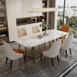 现代轻奢大理石不锈钢餐桌简约小户型家用餐厅亮光岩板饭桌长桌子