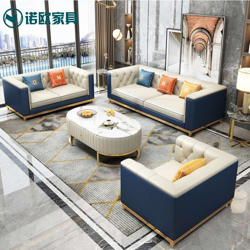 轻奢后现代家居样板间美式皮沙发欧式简约小户型别墅沙发客厅家具