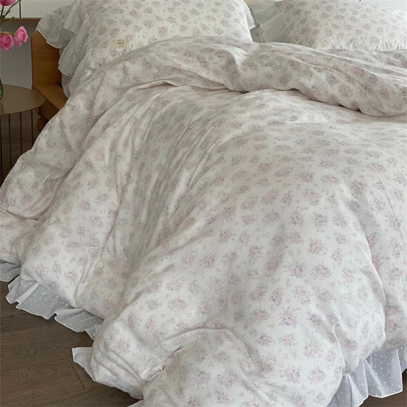 法式花边双层g纱四件套碎花被套全棉床单公主风床上用品4件套