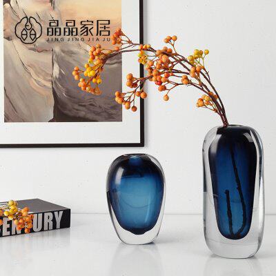 北欧厚重深蓝色水晶玻璃现代简约透明单支花插花器软装饰品摆件