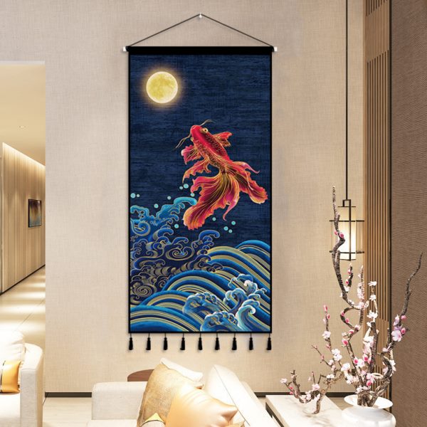 客厅轻奢画中式挂毯玄关装饰年年入户有鱼挂布背景布布艺墙面挂画图片