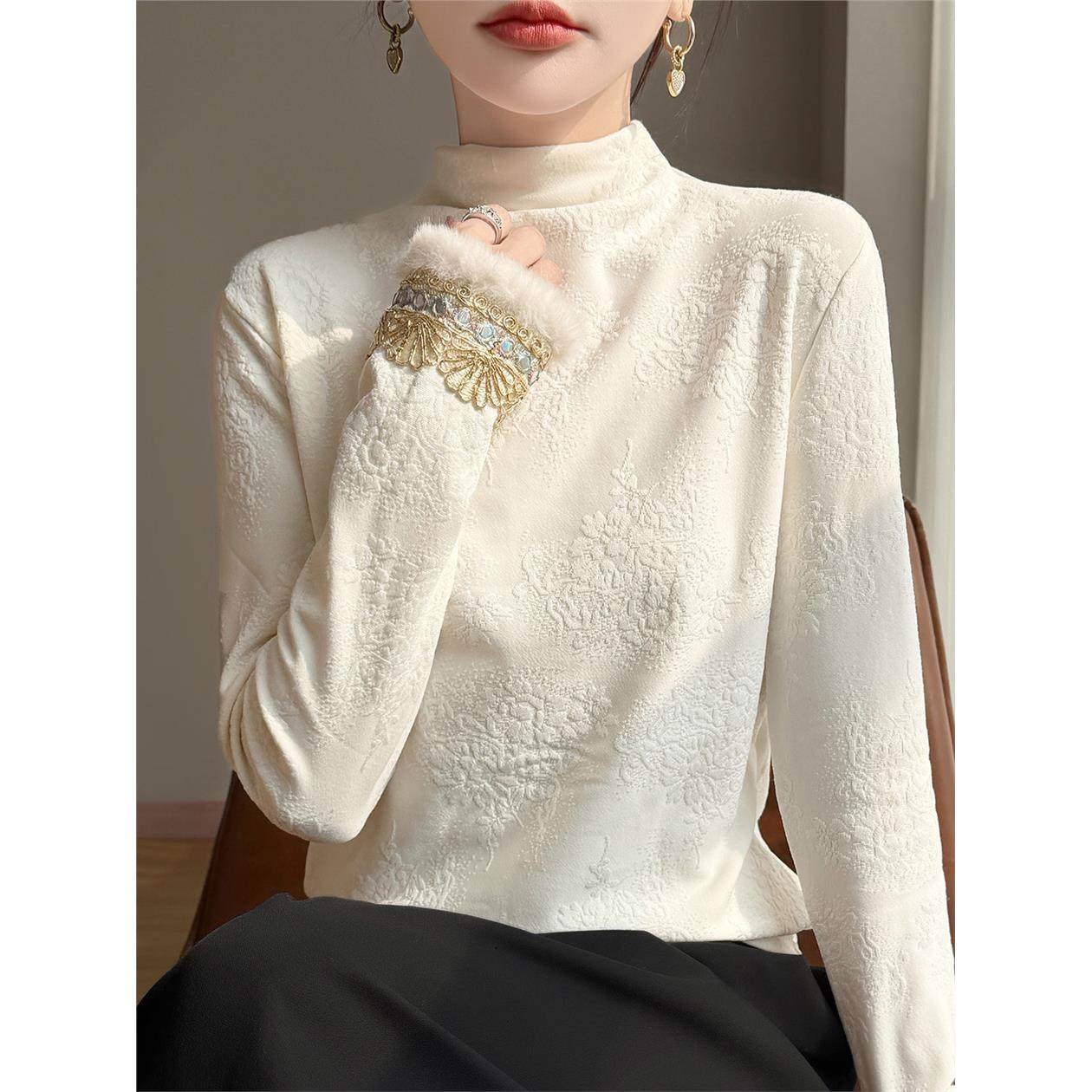 优雅新中式半高领加绒保暖打底衫女秋冬国风刺绣加厚马甲内搭上衣