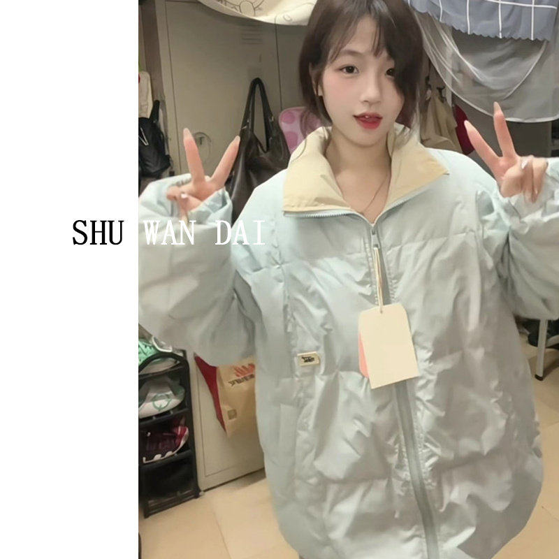 韩系奶蓝色棉服女2025年新款冬季设计感显瘦不臃肿夹棉外套棉袄子